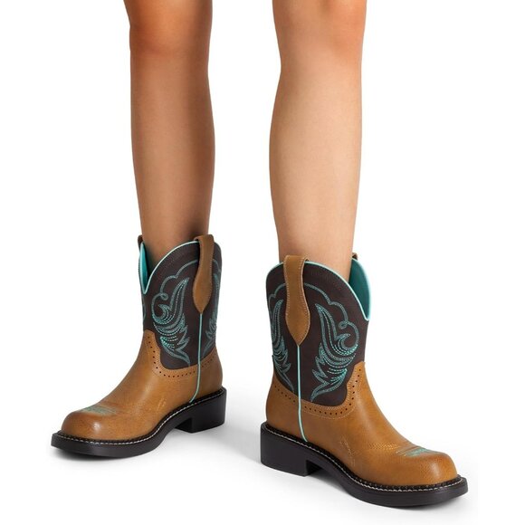 Women's Cowgirl Round Toe Embroidered Mid Calf Western Boot Concert Tan Brown - Picture 7 of 7